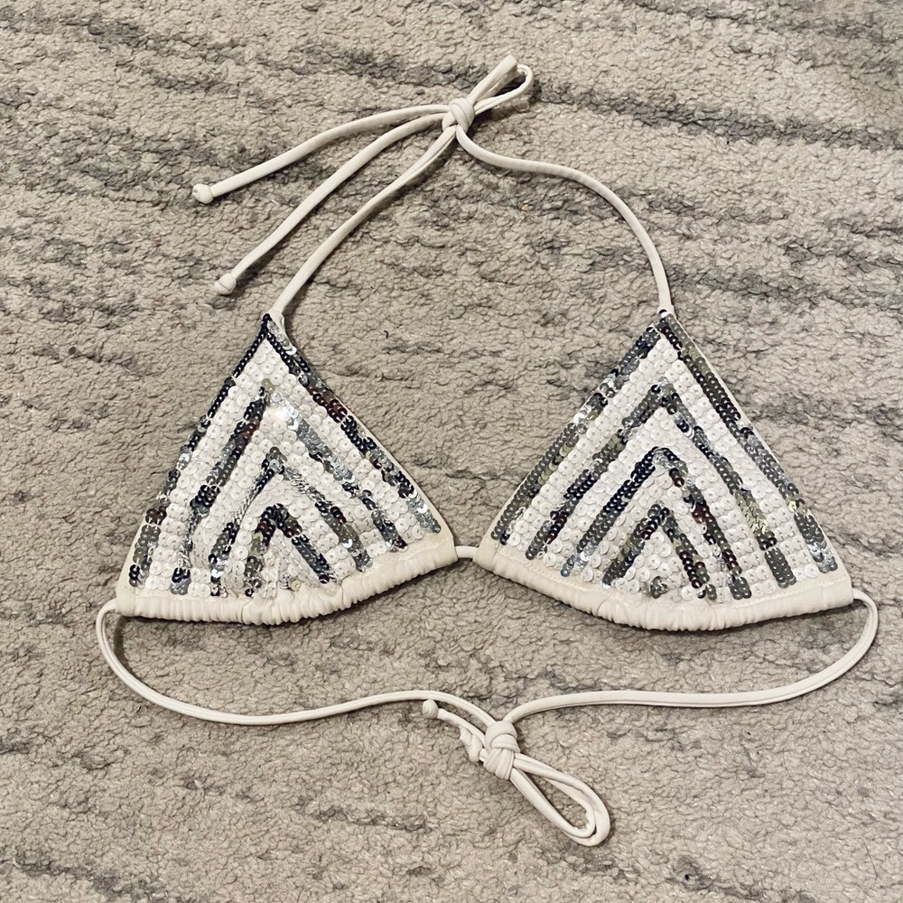 Victoria's Secret Bikini Top White and Silver Sequins -Medium